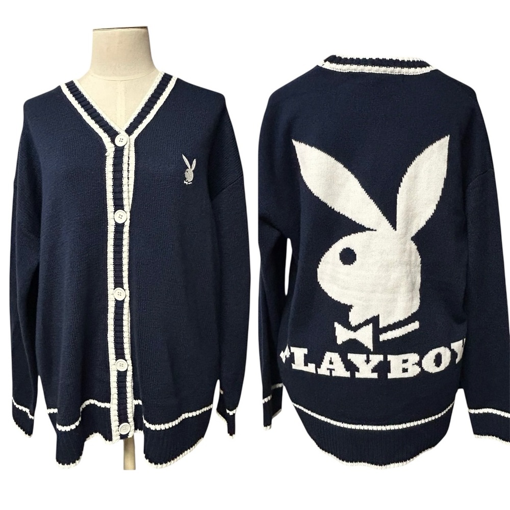 Playboy X Misguided Cricket Bunny Cardigan Womens Size 2 Blue White New